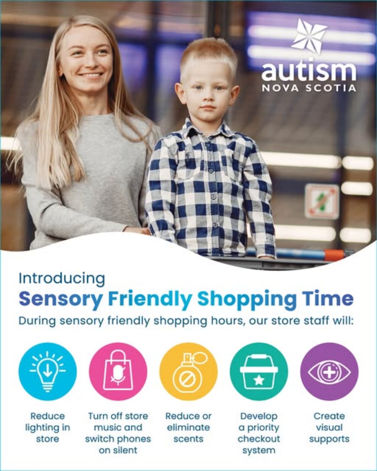 Mic Mac Mall sensory-friendly shopping time graphic from Autism Nova Scotia, showing an adult and child above icons for reduced lighting, quieter store sounds, fewer scents, priority checkout, and visual supports.